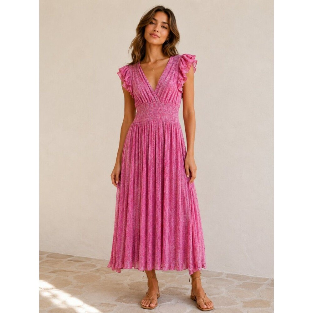 Chelsea28 Pink Pleated Midi Dress XS Romantic Coquette Cottagecore Wedding Guest